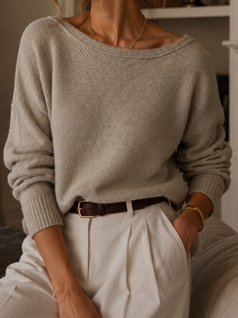 Vince Beige Textured Mixed Knit Boatneck Sweater 100% Cotton Minimalist Classic